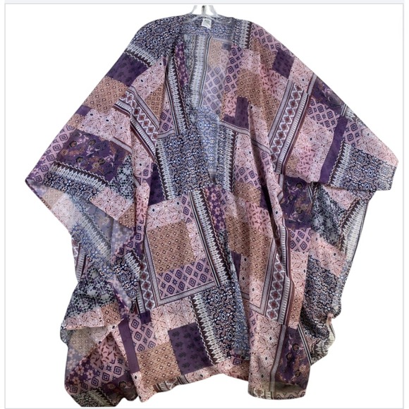 The Unbranded Brand Sweaters - Kimono Women Sz 6X Pink Mixed Print Lightweight Sheer Swim Cover Up Boho